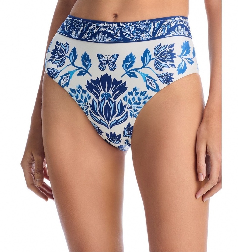 Farm Rio Delicate Tapestry Bikini Bottom High Waist Blue White Large